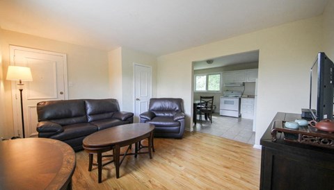 a living room with leather furniture and a tv